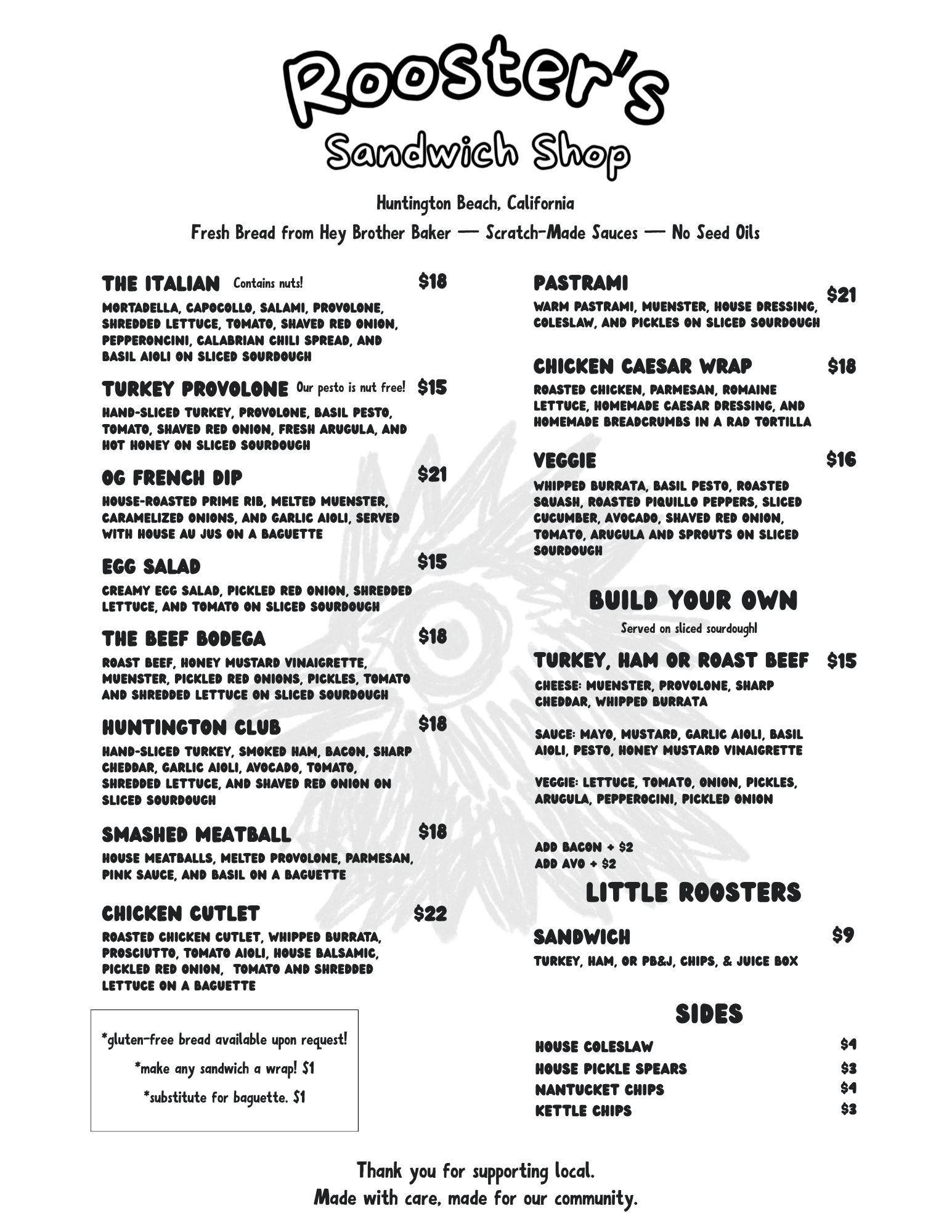 Rooster's Sandwich Shop full menu
